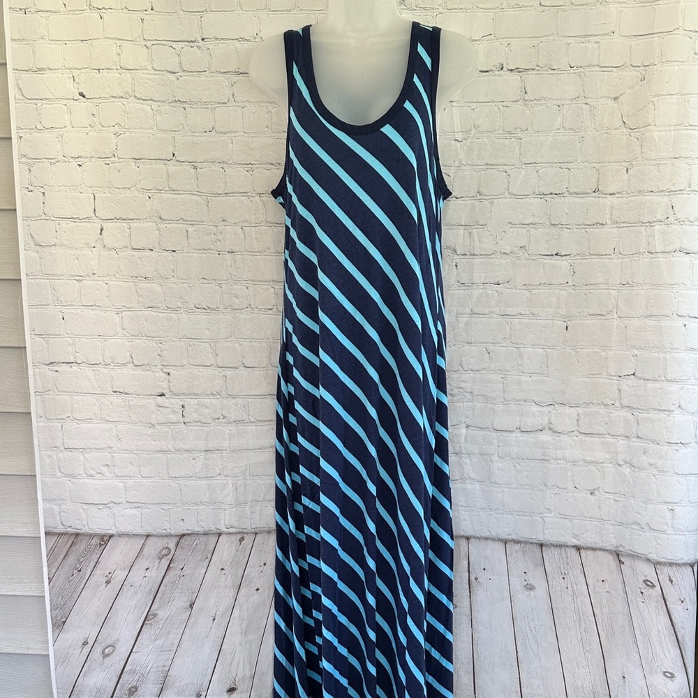 Ellen Tracy Striped Navy and Aqua Sleeveless Maxi Dress